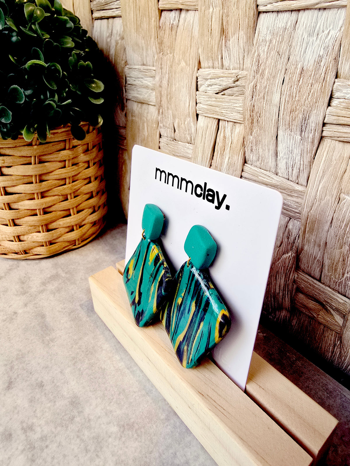 Teal Mustard Black Geometric Polymer Clay Dangle Earrings