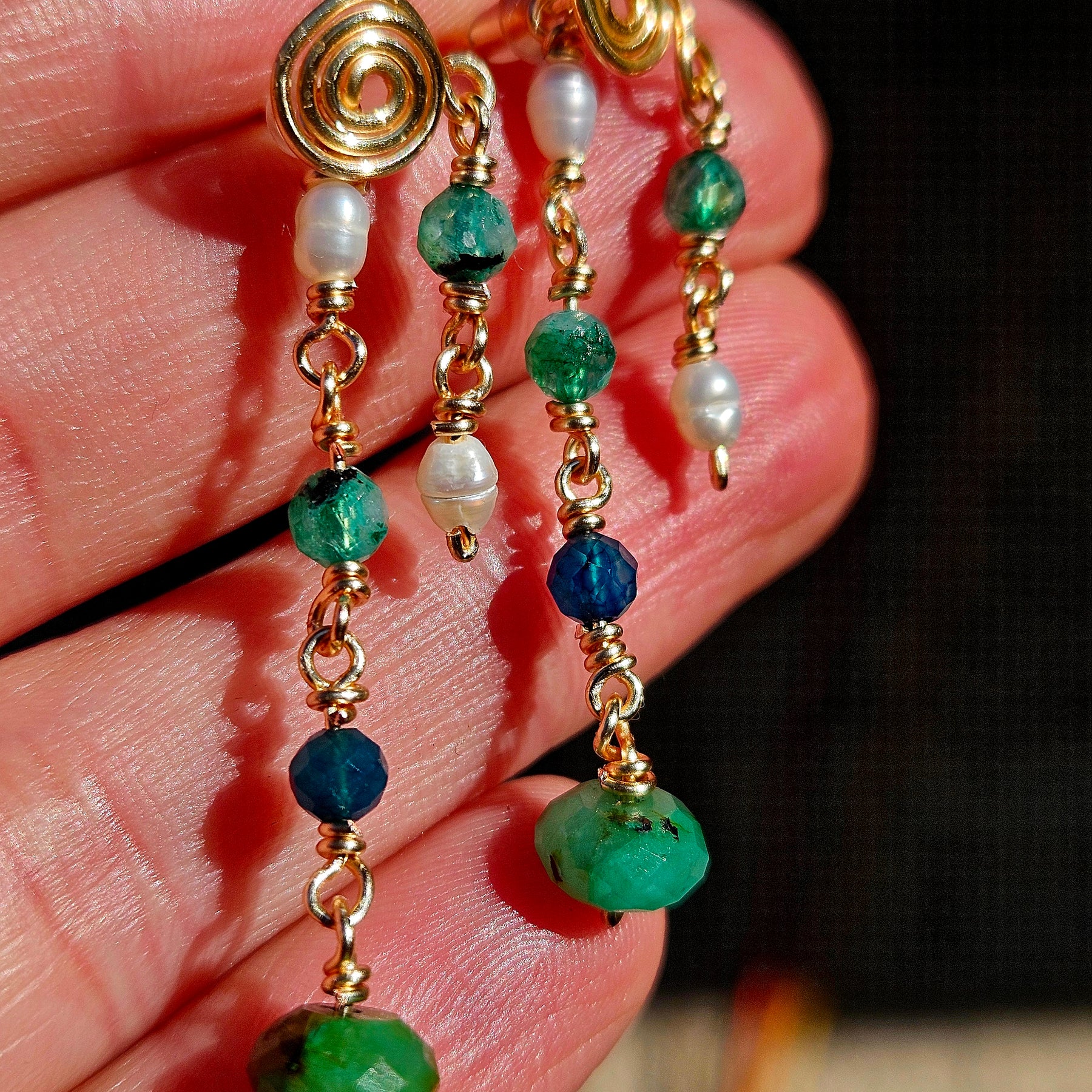 Freshwater Pearl, Apatite, Green Labradorite & Kyanite Earrings
