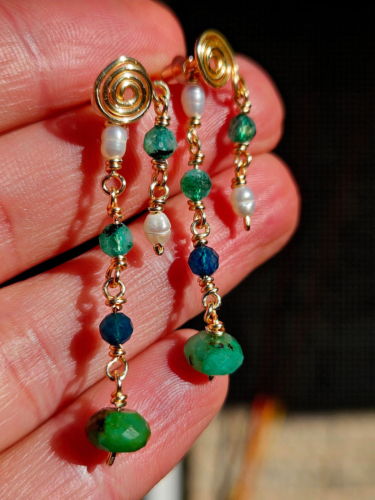 Freshwater Pearl, Apatite, Green Labradorite & Kyanite Earrings