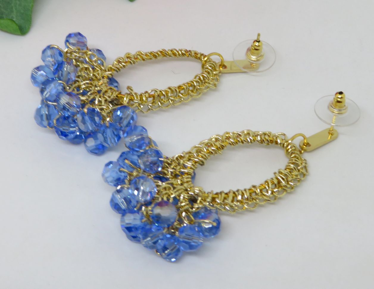 Blue Gold Crochet Bespoke Boho Thread Chandelier Beaded Earrings