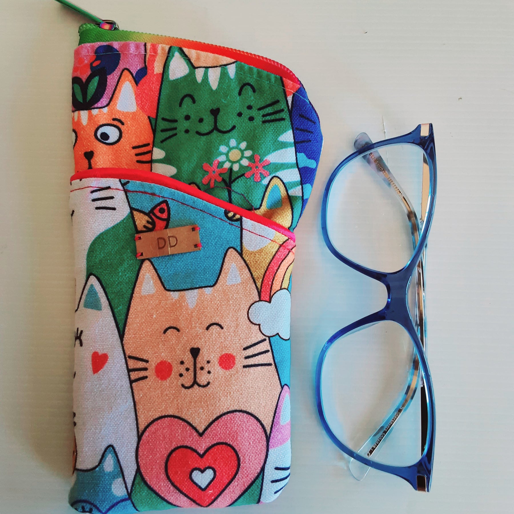 Handmade Padded Sunglass Case, Zippered Eyeglass Pouch, Cat Print