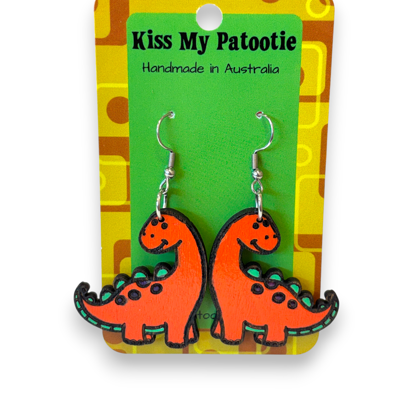 Wooden dinosaur earrings - hand painted - orange