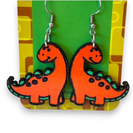 Wooden dinosaur earrings - hand painted - orange