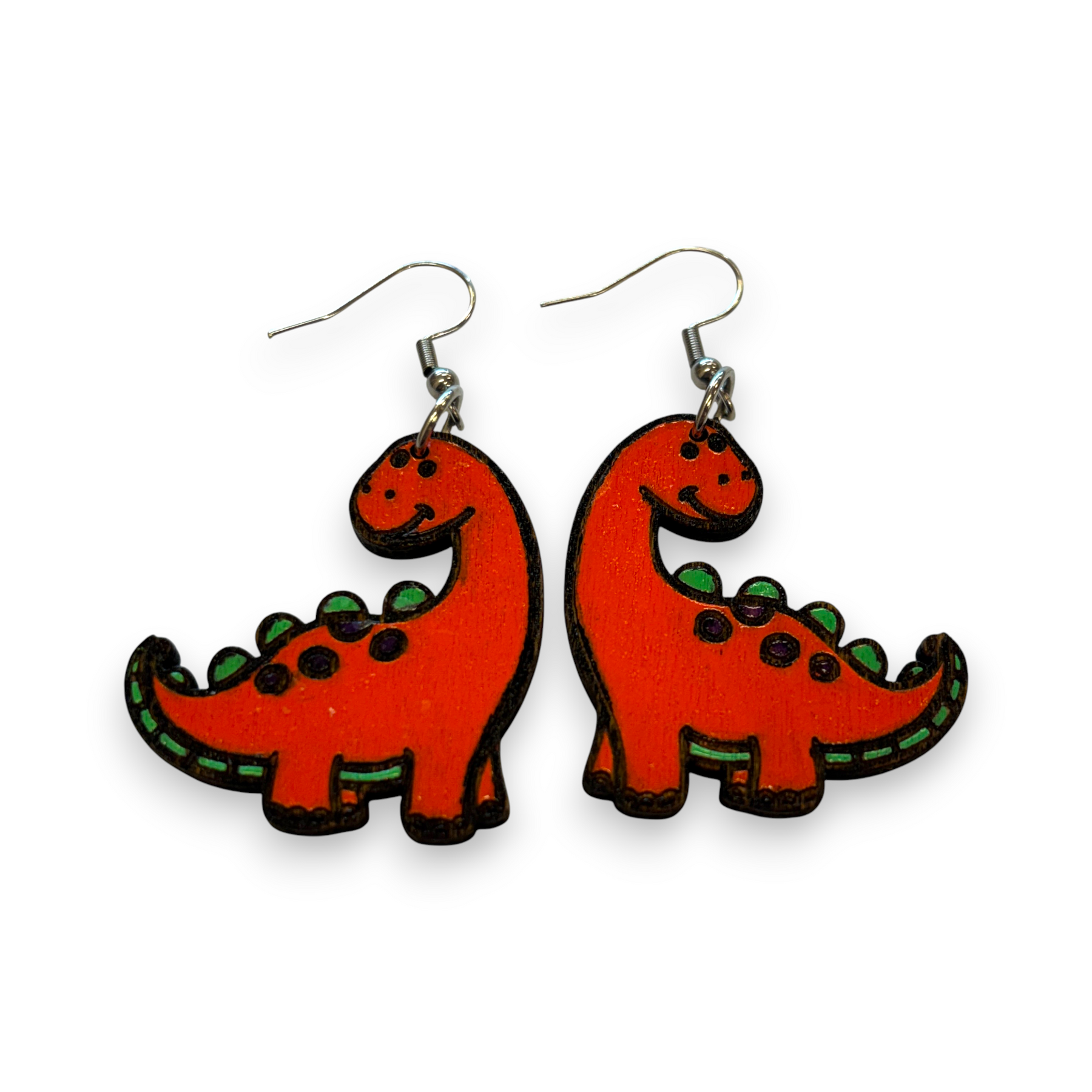 Wooden dinosaur earrings - hand painted - orange