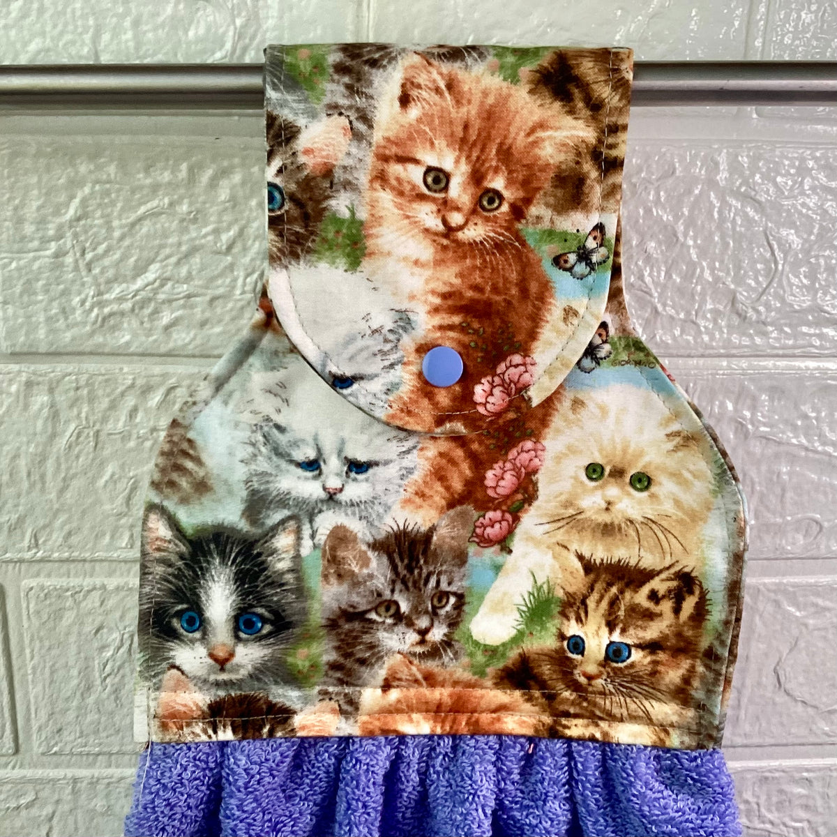Kittens (periwinkle) hanging hand towel.