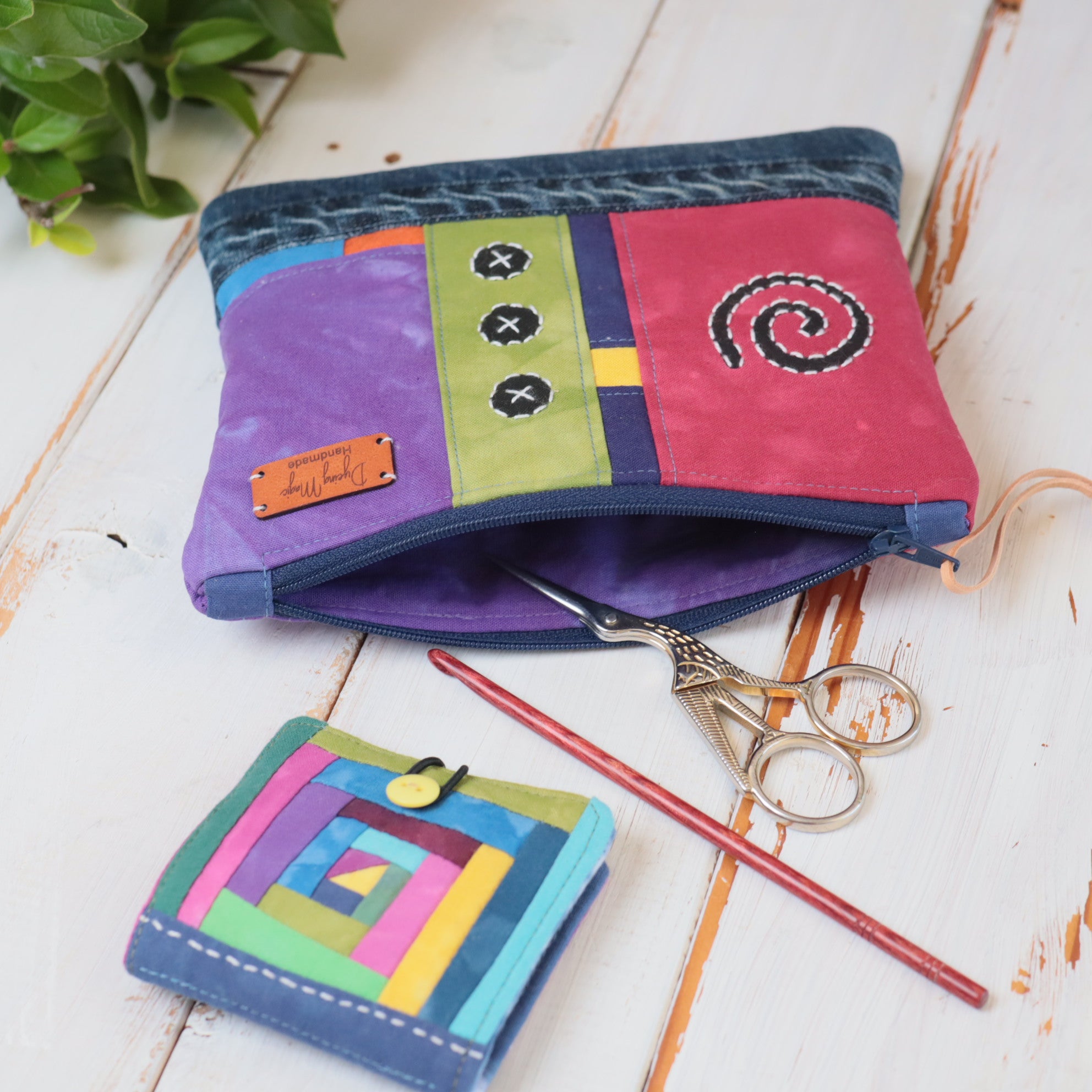 Hand Dyed Zipper Pouch, Makeup Bag,Sewing Pouch, Red and Lilac