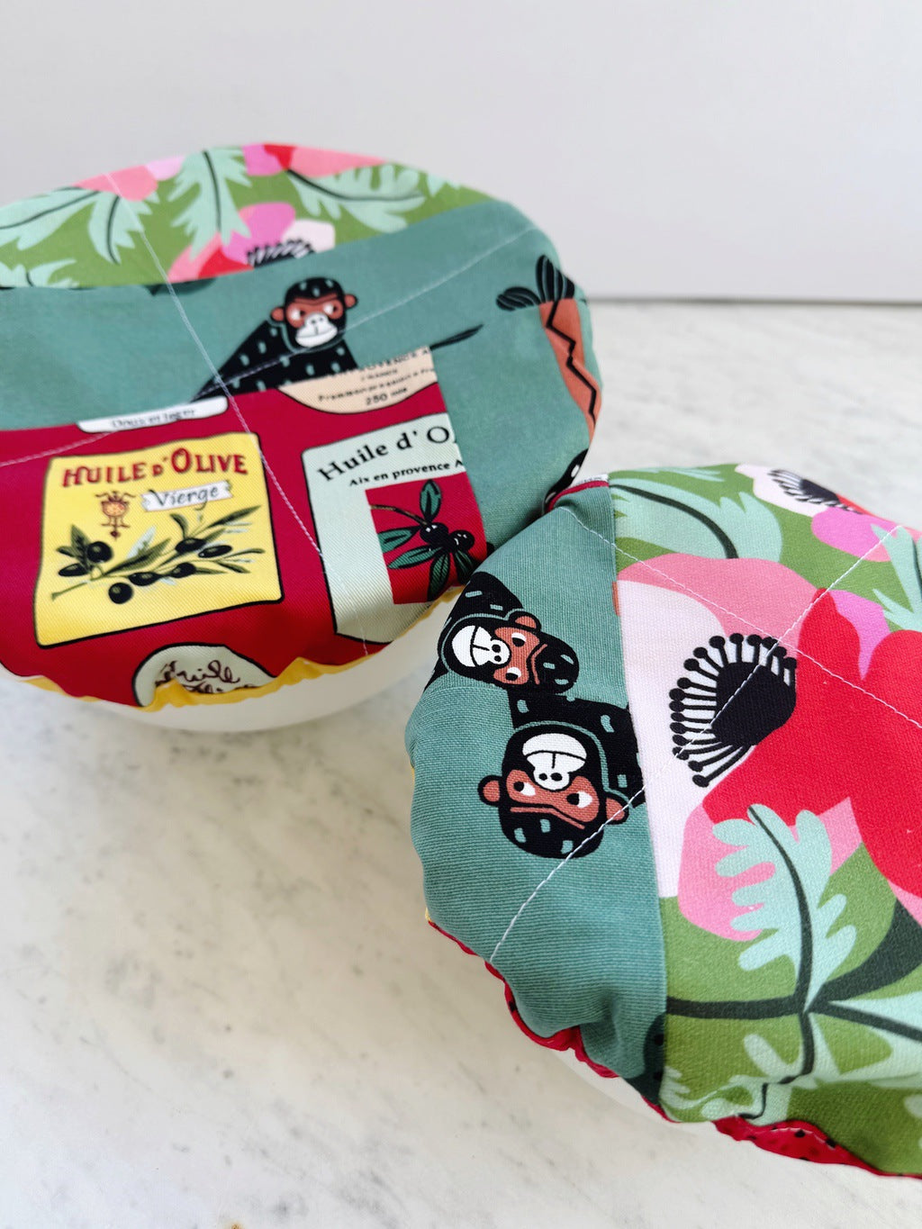 Cheeky monkeys reusable fabric bowl covers. Set of two. Proofing cloths.