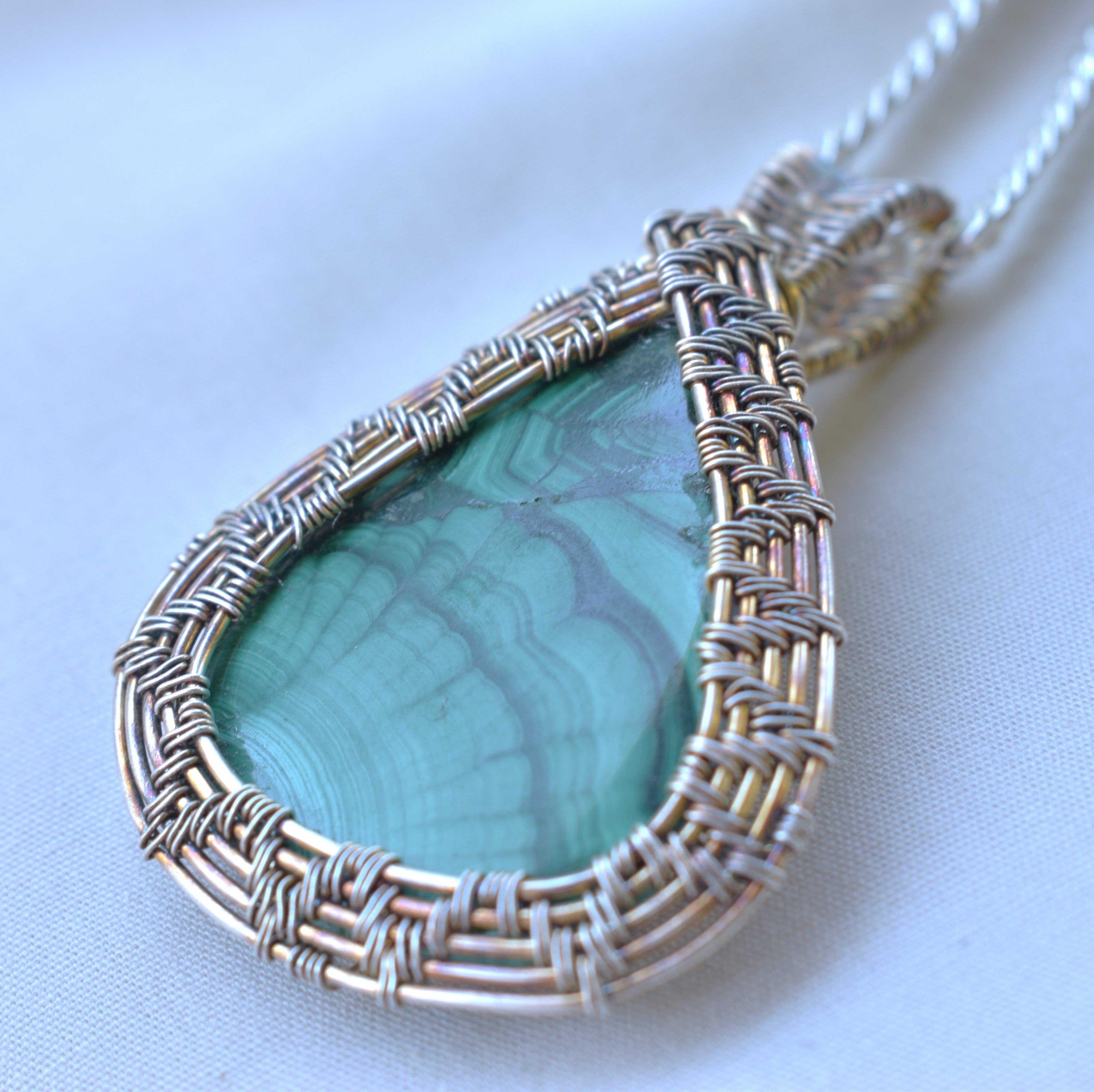 Handwoven Malachite Pendant in Antiqued Silver-Filled Wire
