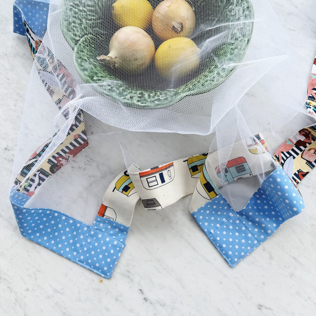 Retro caravan holiday weighted mesh food cover. Charcuterie board net throw. Cheese platter fly cover. Fruit bowl cover.
