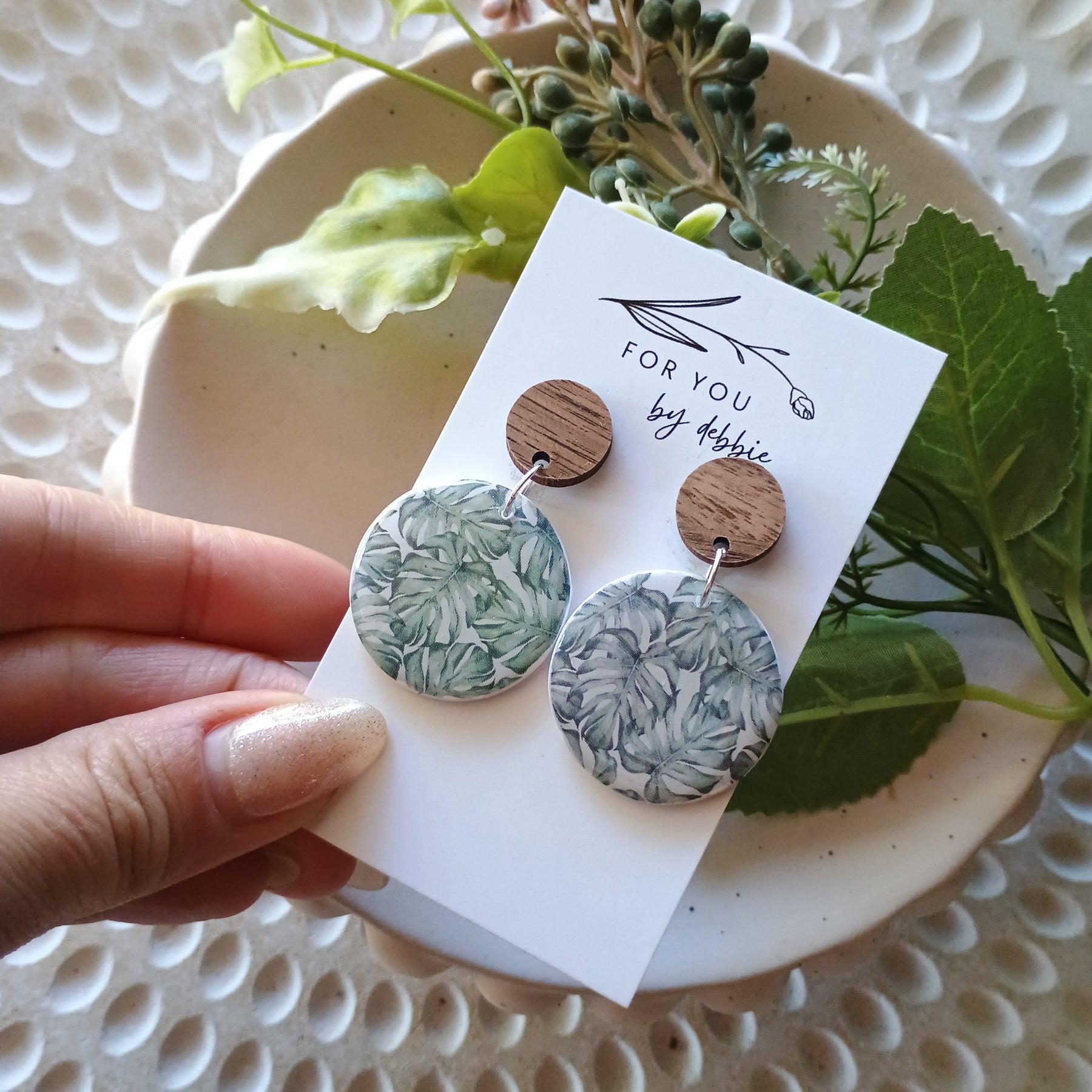 Monstera print earrings with natural wood stud