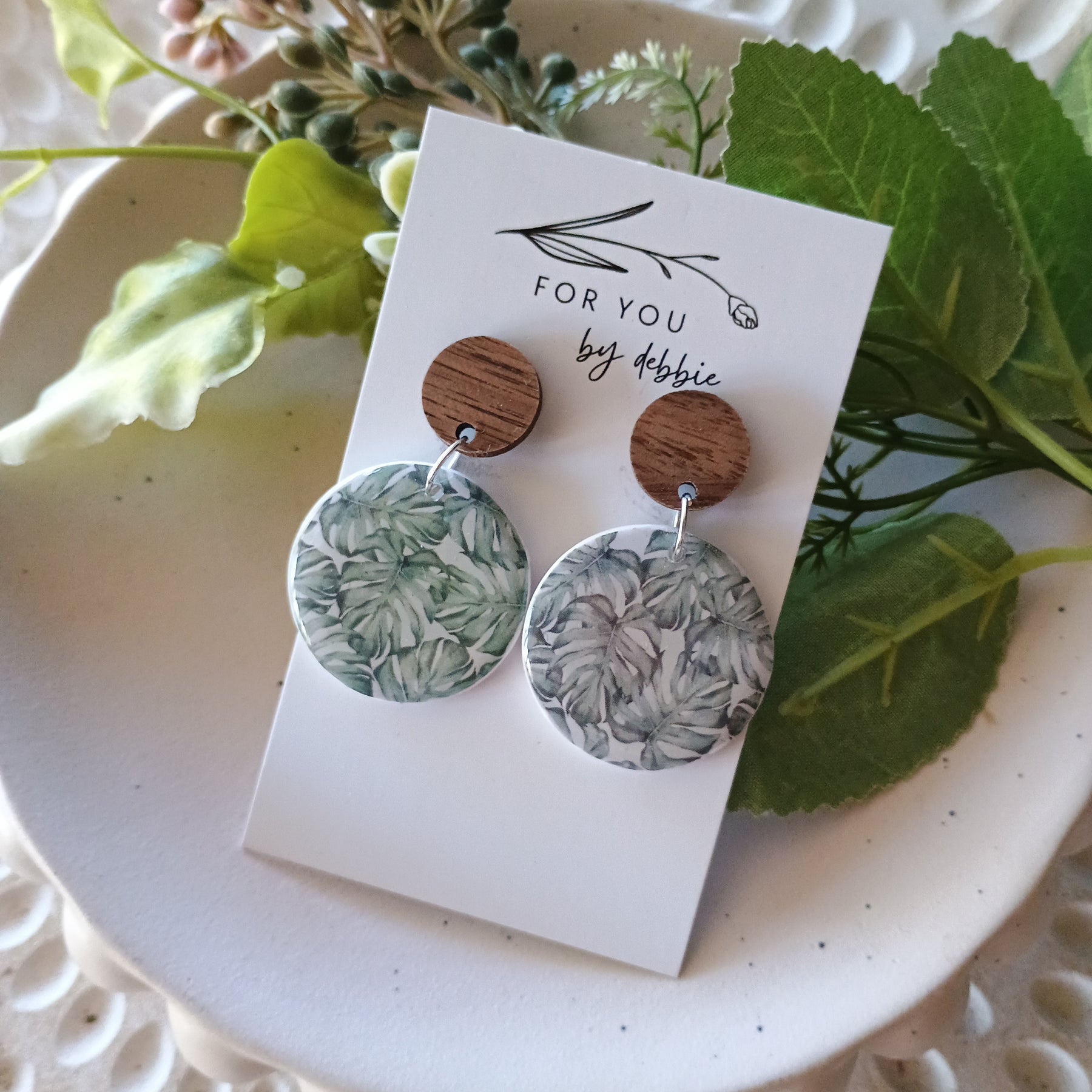 Monstera print earrings with natural wood stud