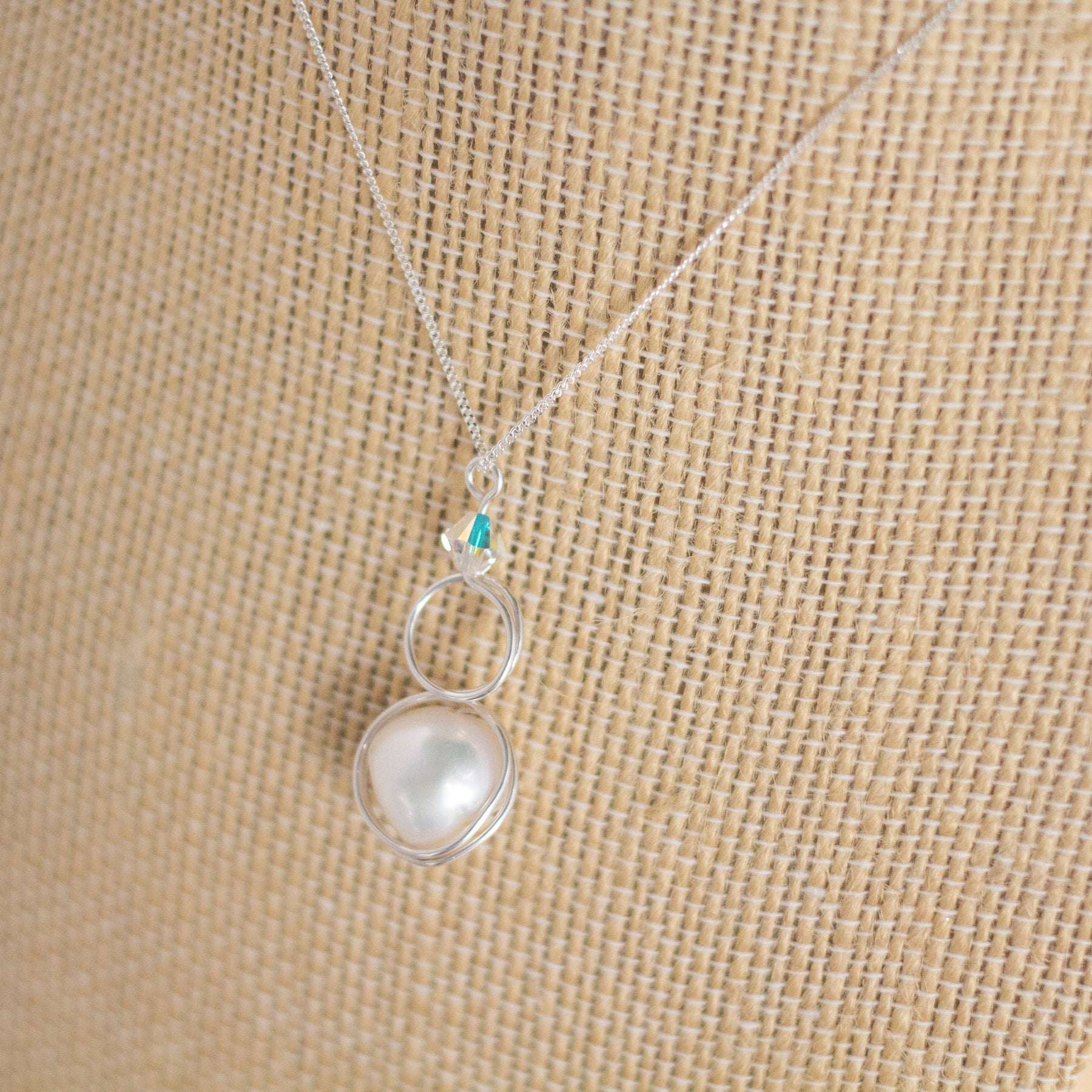 Sterling Silver Baroque Pearl and Crystal Loop Pendant Necklace | Jewellery Gift Idea