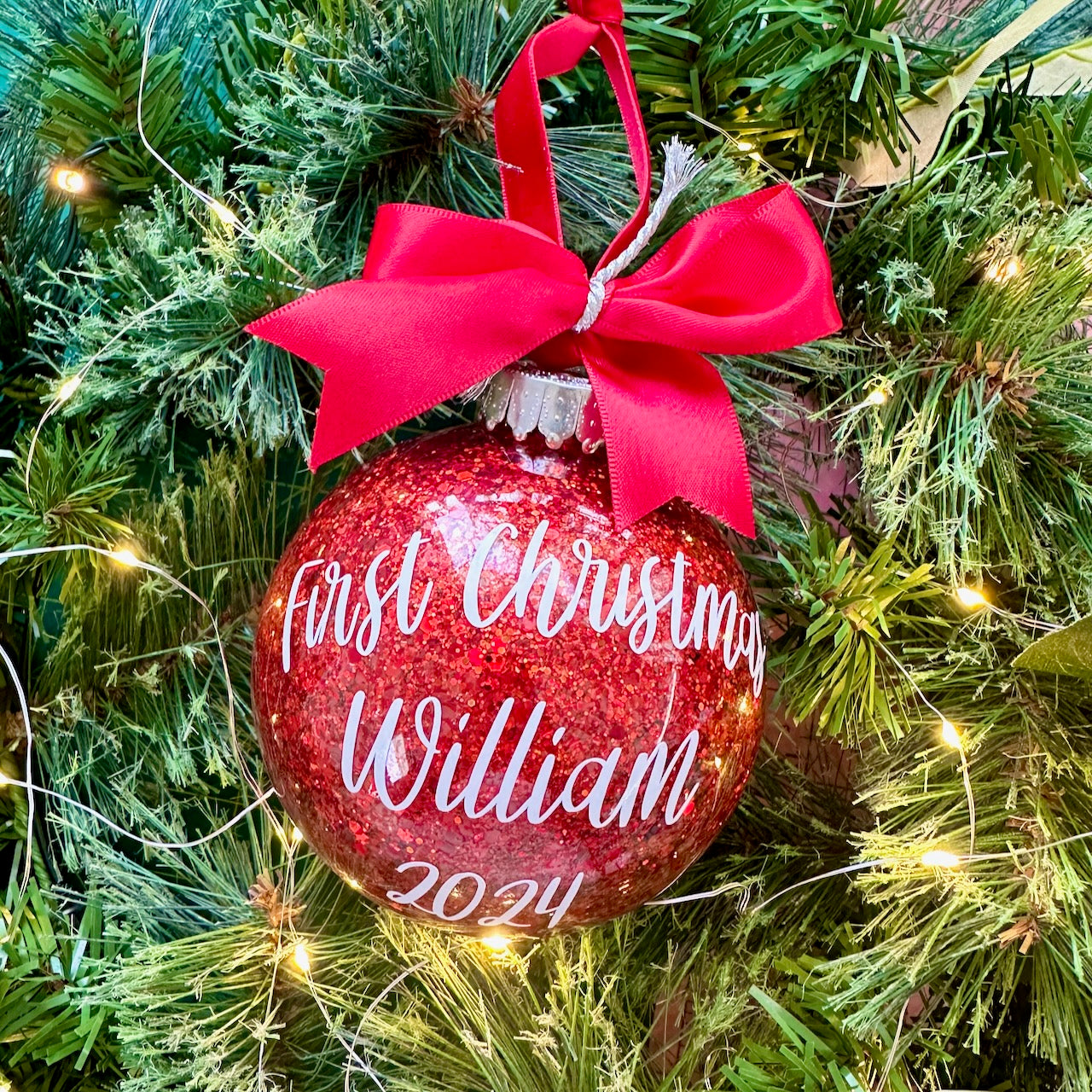 Personalised Christmas Baubles, Glitter Ornament With Names And Message