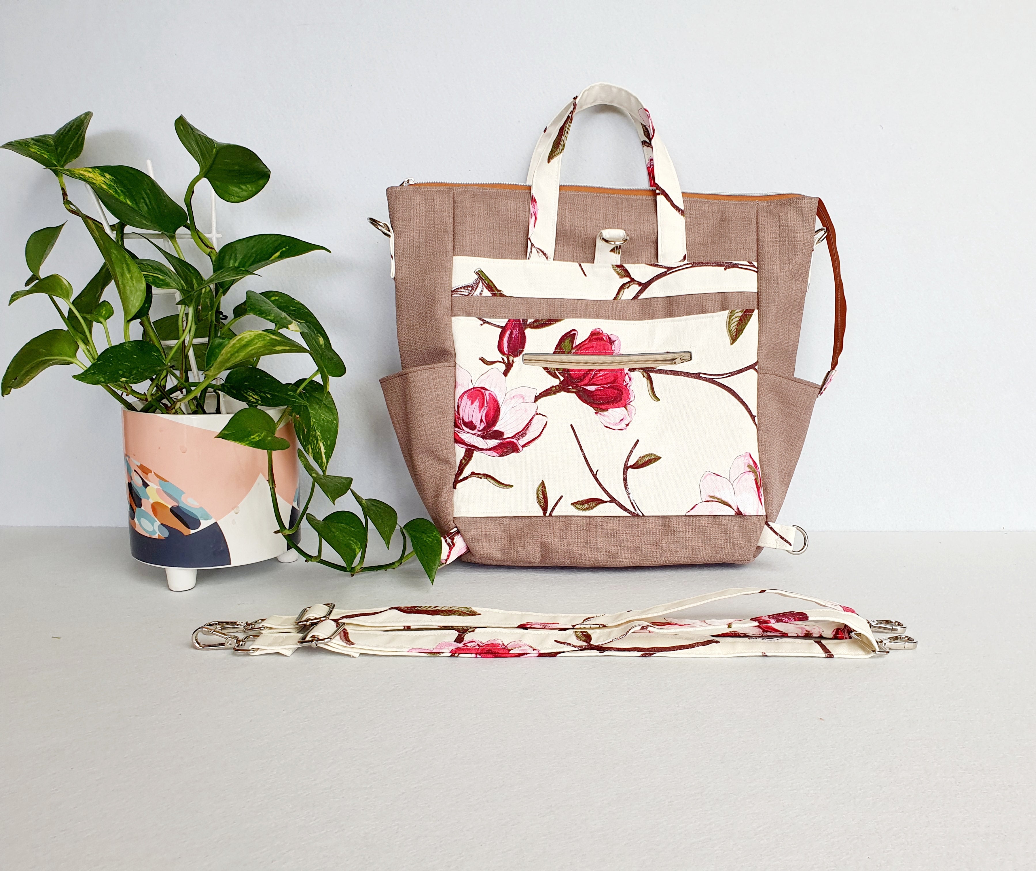 Magnolia Blossom modern bag converting from handbag into crossbody or backpack