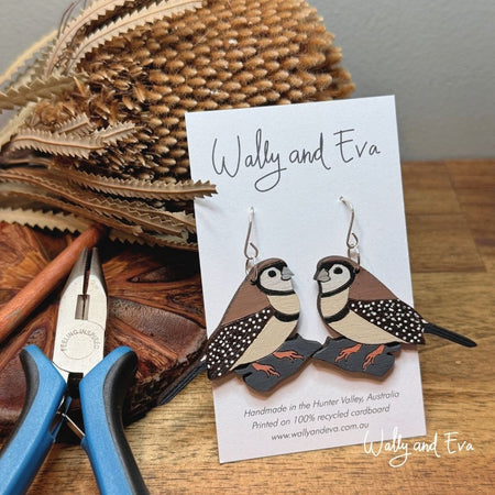 Owl Faced Finch Hand Painted Wood Earrings