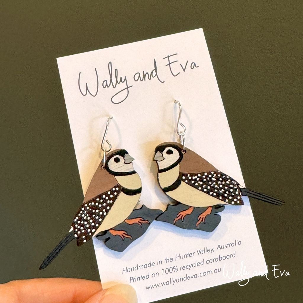 Owl Faced Finch Hand Painted Wood Earrings