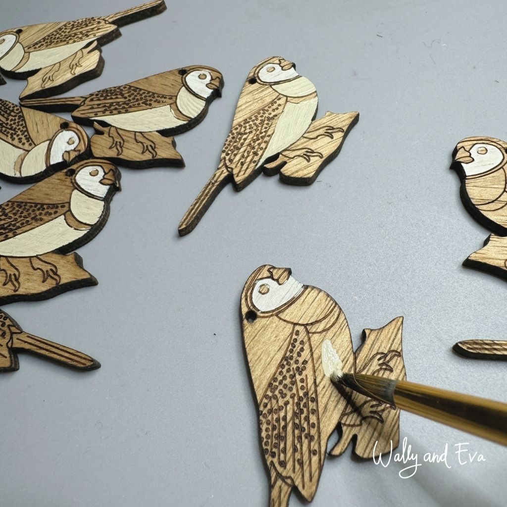 Owl Faced Finch Hand Painted Wood Earrings