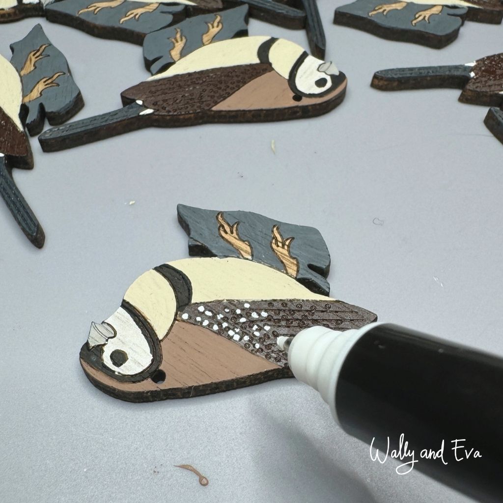 Owl Faced Finch Hand Painted Wood Earrings