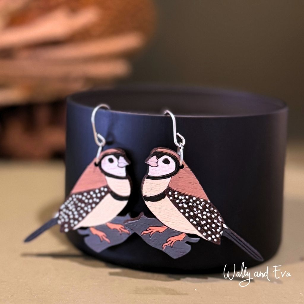 Owl Faced Finch Hand Painted Wood Earrings