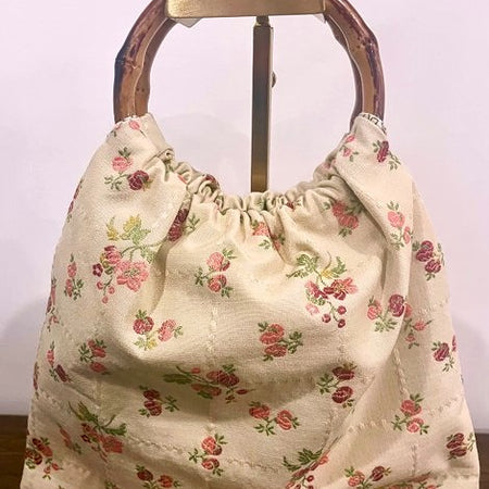 CCream Embroidered Rose Handbag, Bamboo-Style Handles, Handmade
