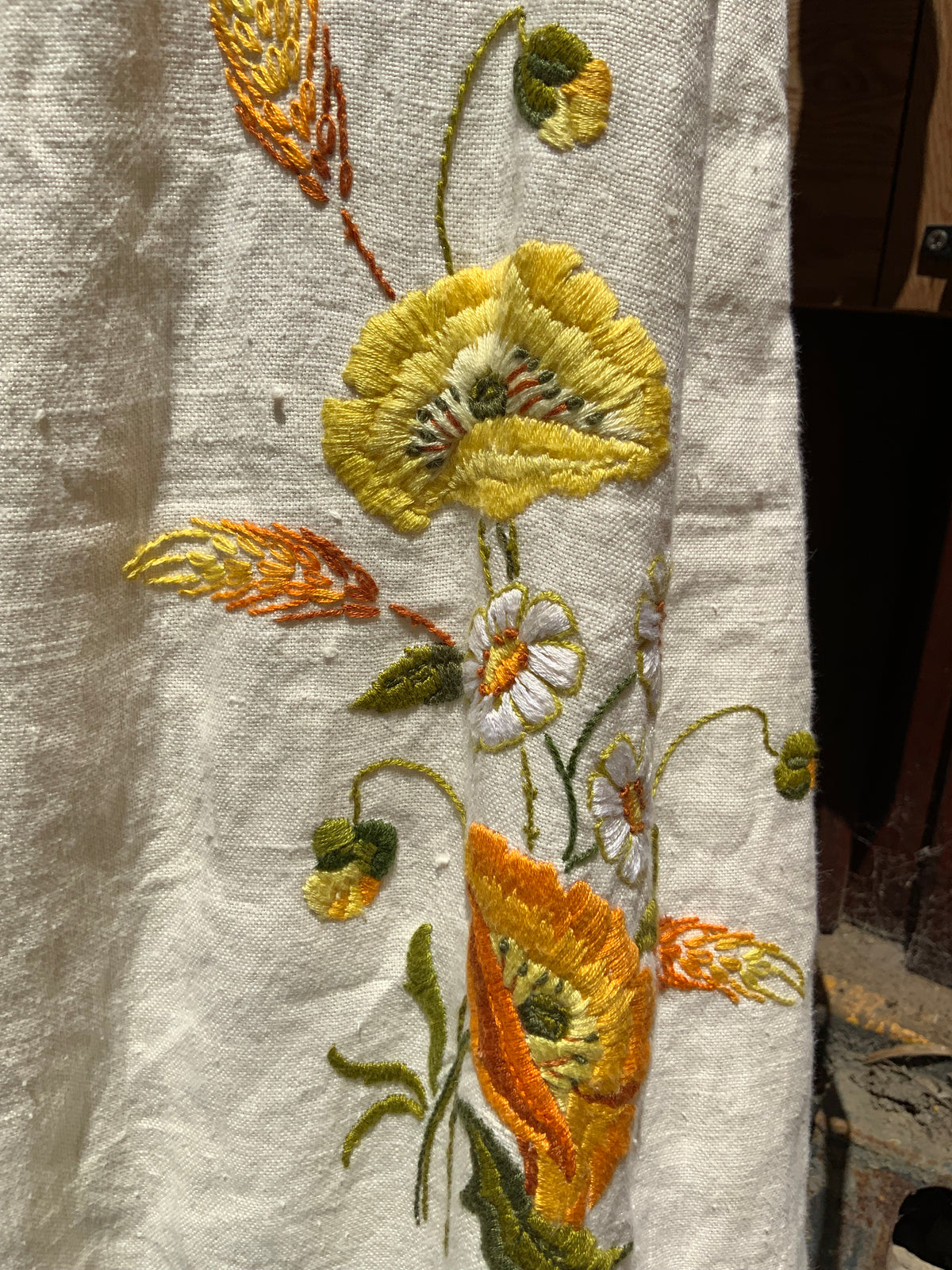 Upcycled embroidered linen tablecloth into "Flower Power" Bell Bottoms
