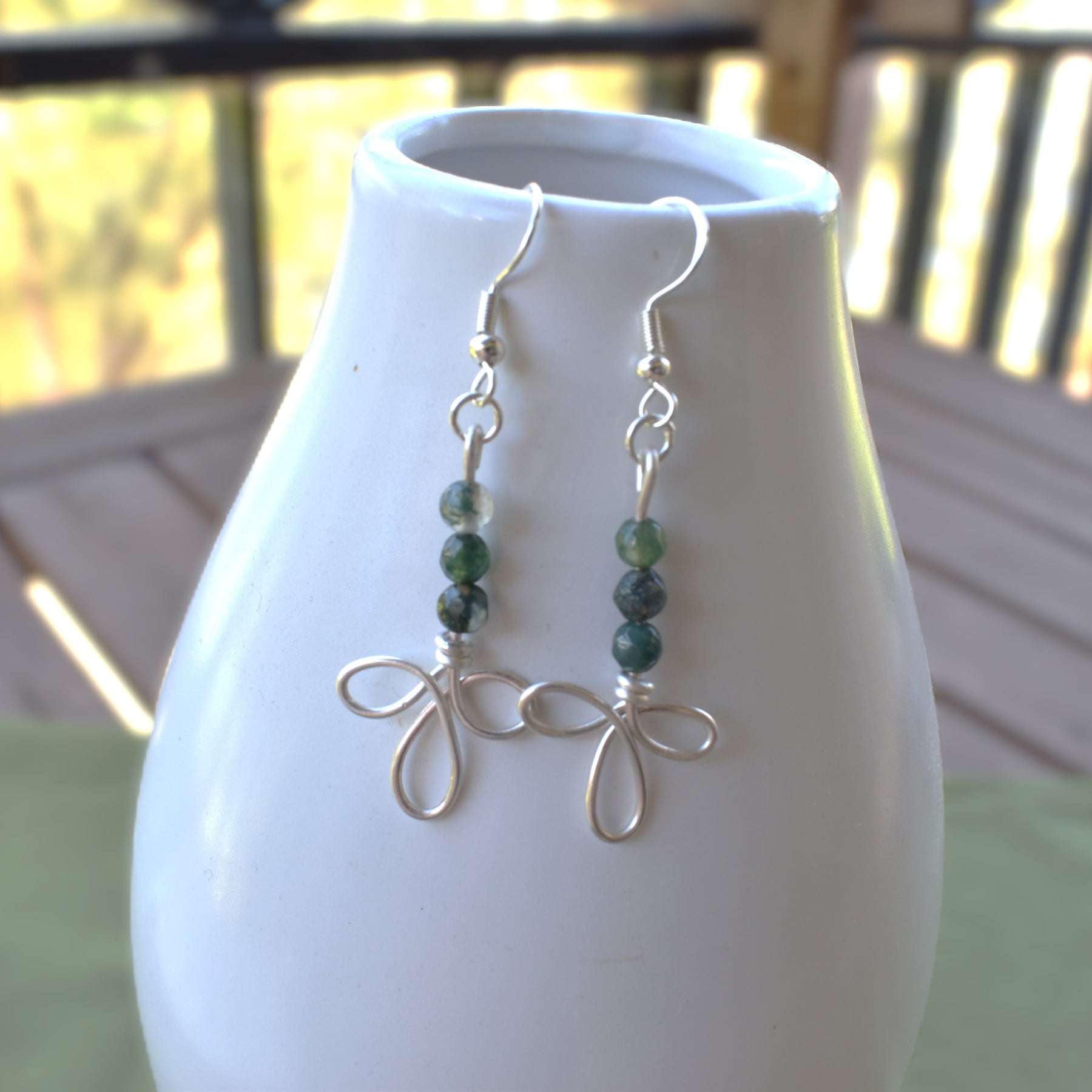 Forest Ribbon - Silver & Moss Agate Earrings
