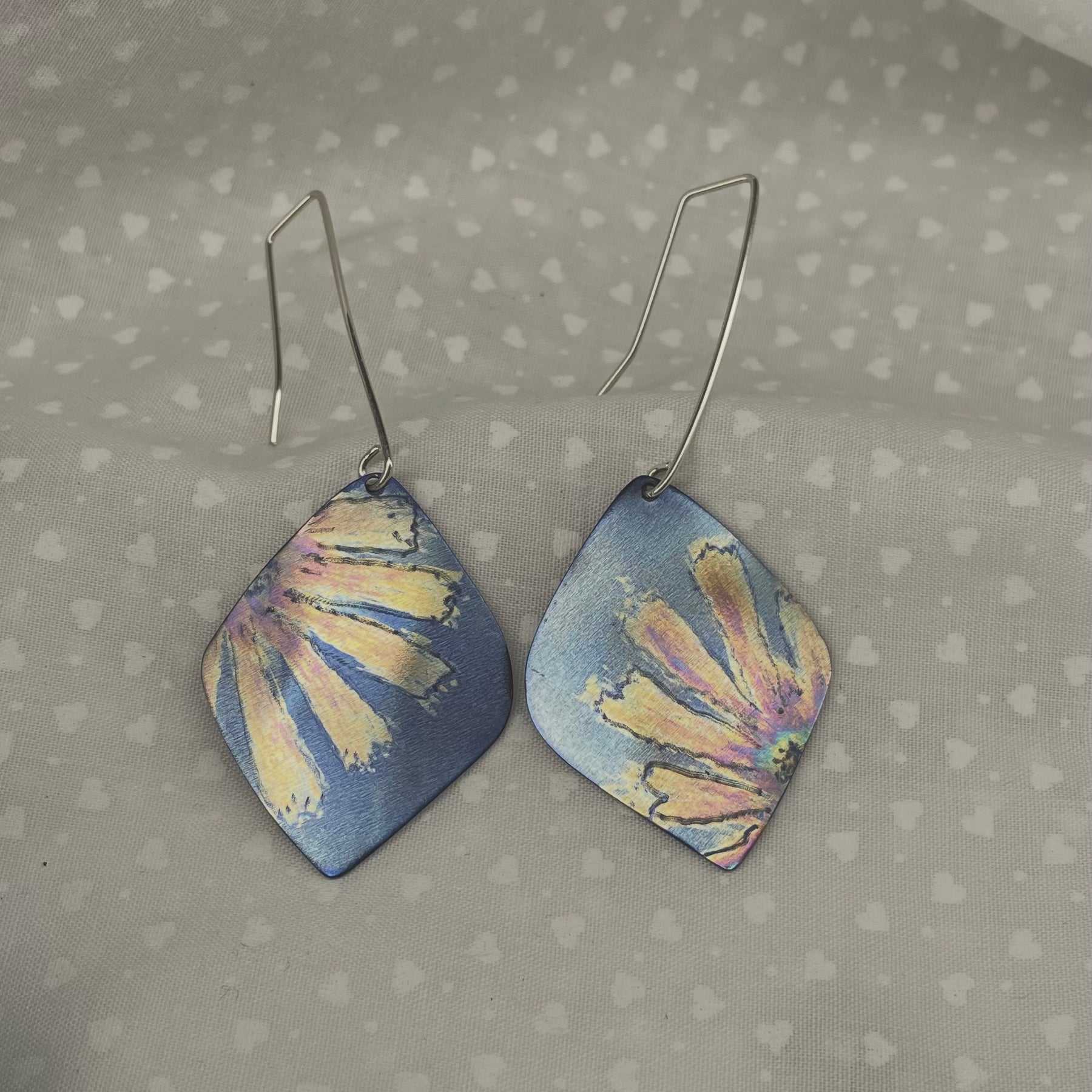 Titanium Statement Dangles with Painted Floral Design-Blue, Yellow and Orange