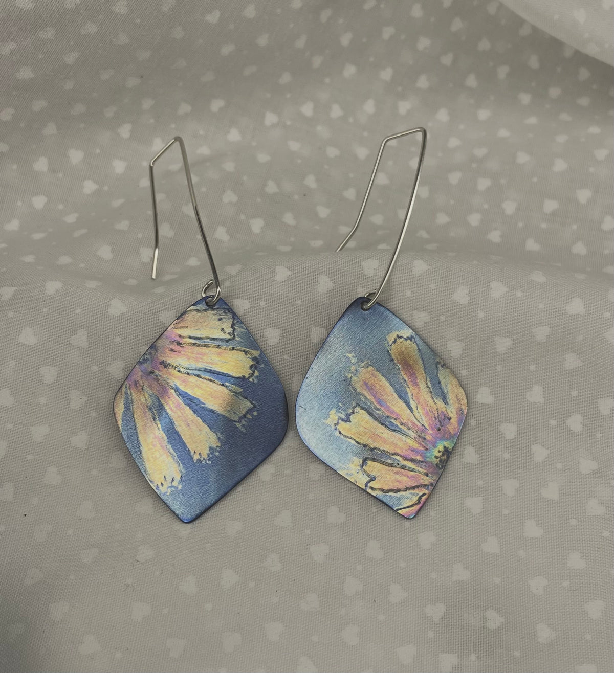 Titanium Statement Dangles with Painted Floral Design-Blue, Yellow and Orange