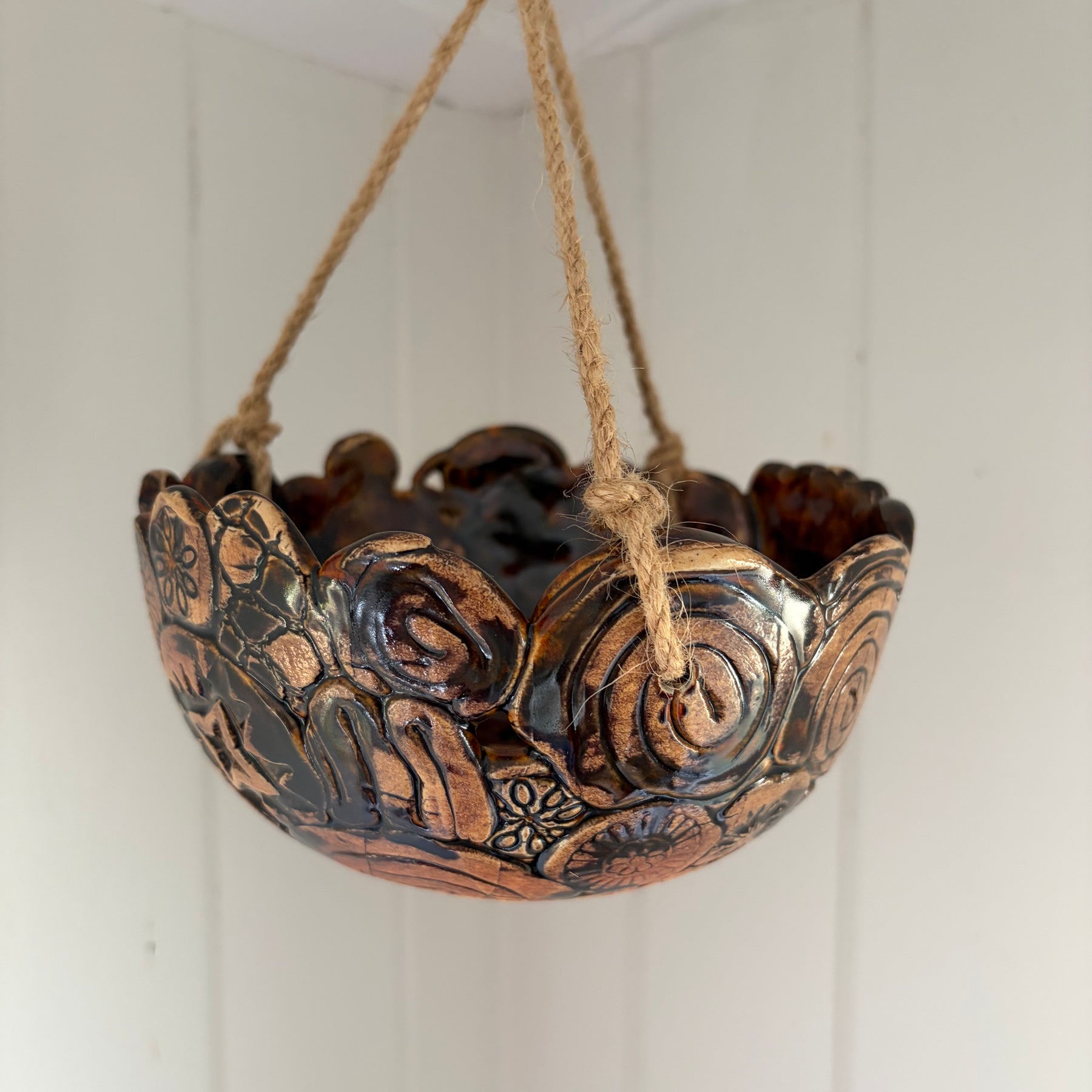 Unique Coil Pottery Hanging Planter - Brown/Black
