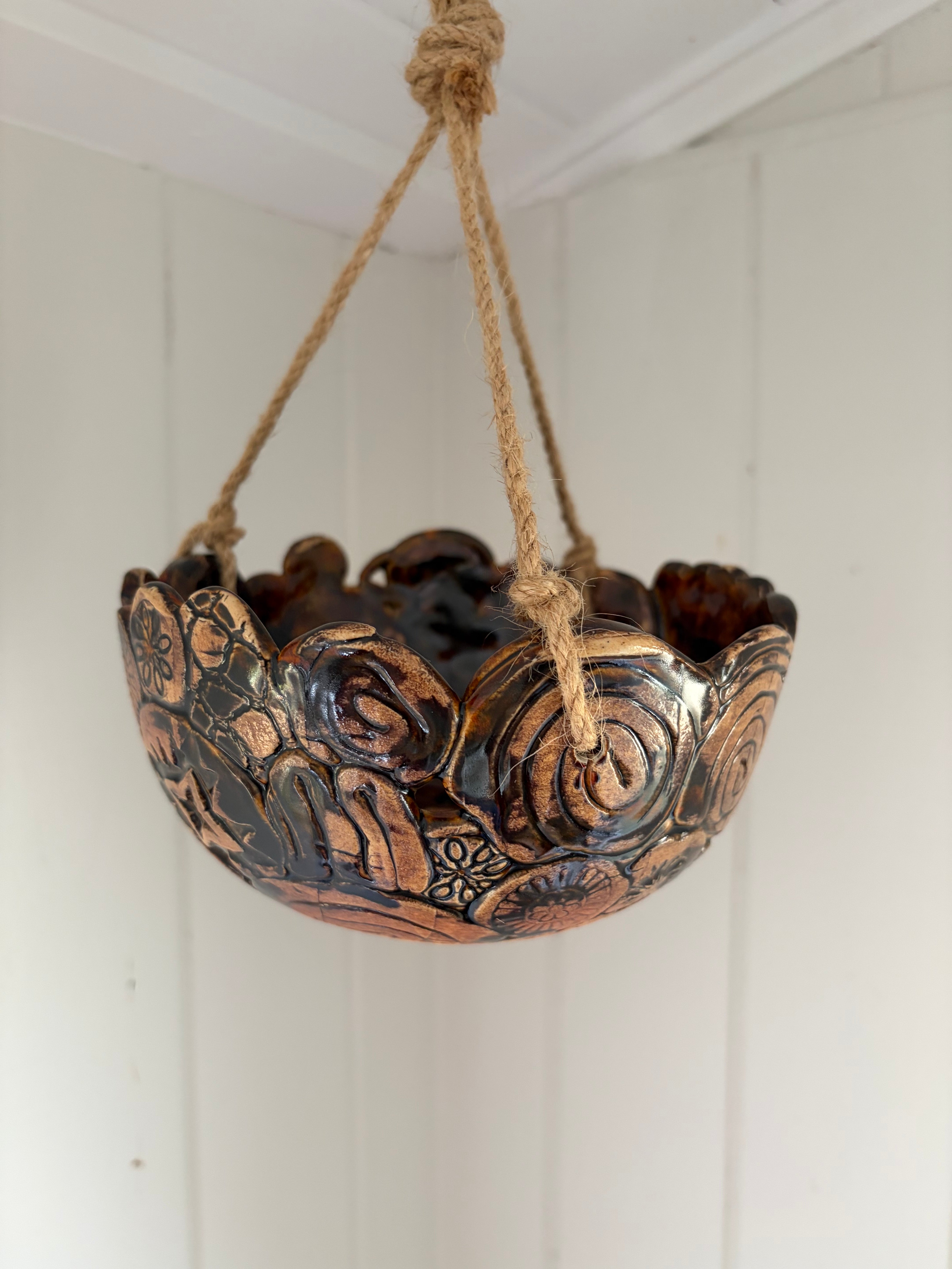 Unique Coil Pottery Hanging Planter - Brown/Black