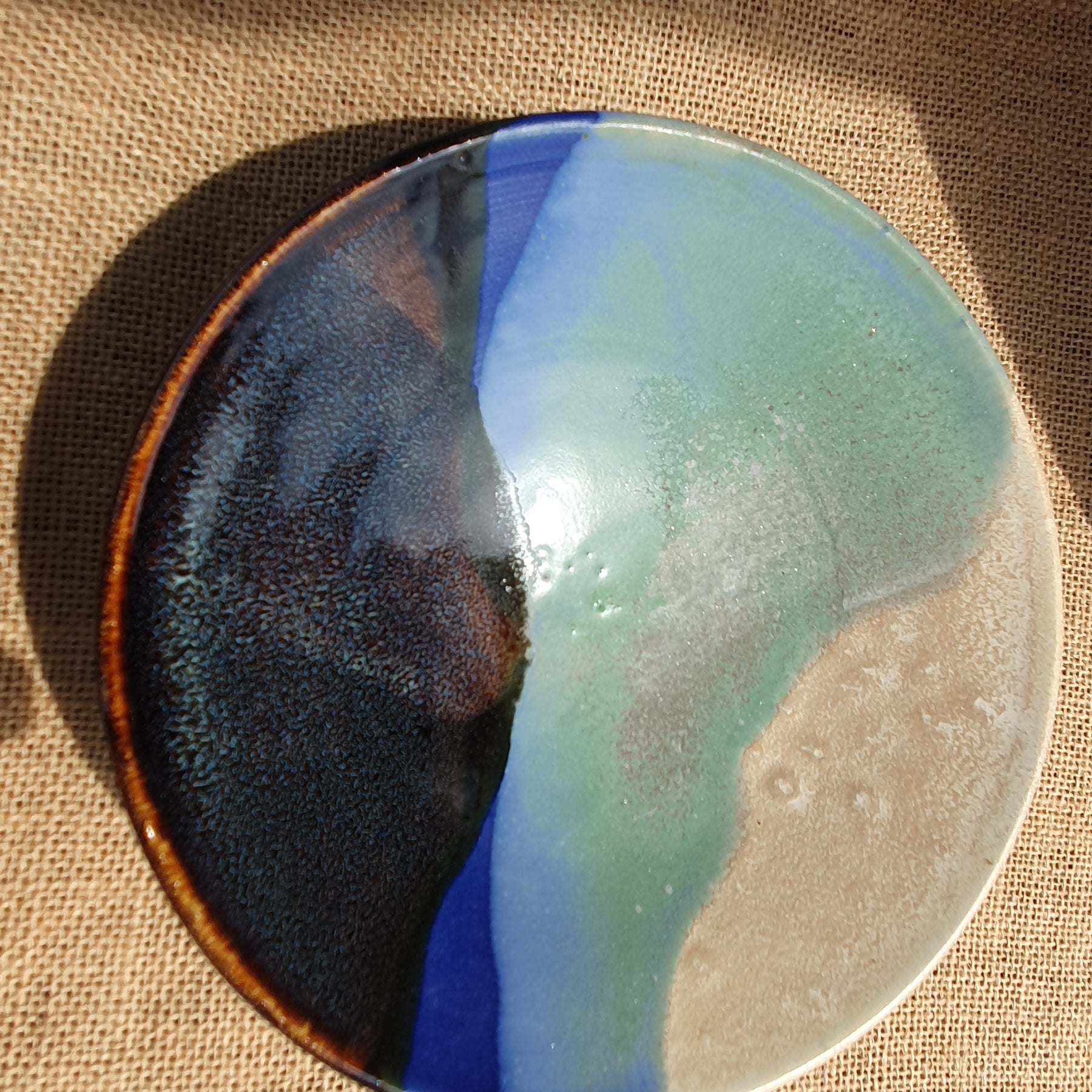 Stoneware landscape bowls with speckled blue, green, brown, oatmeal and white glazes hand made