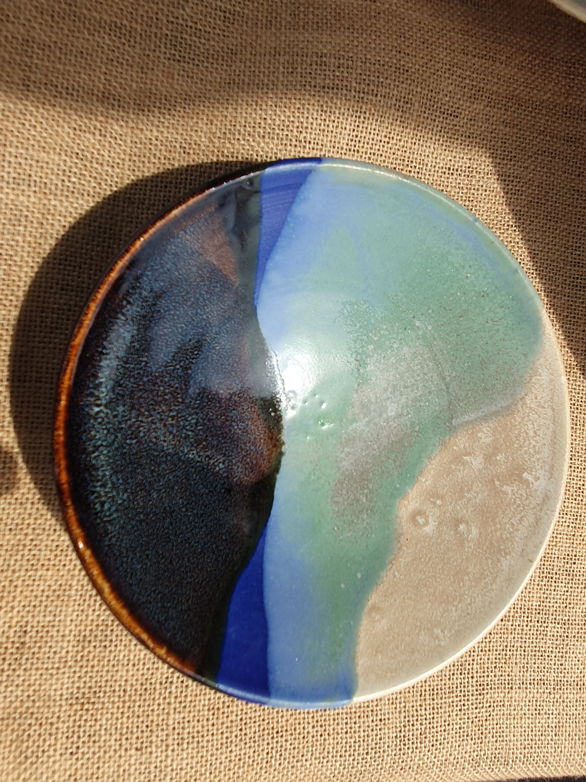 Stoneware landscape bowls with speckled blue, green, brown, oatmeal and white glazes hand made