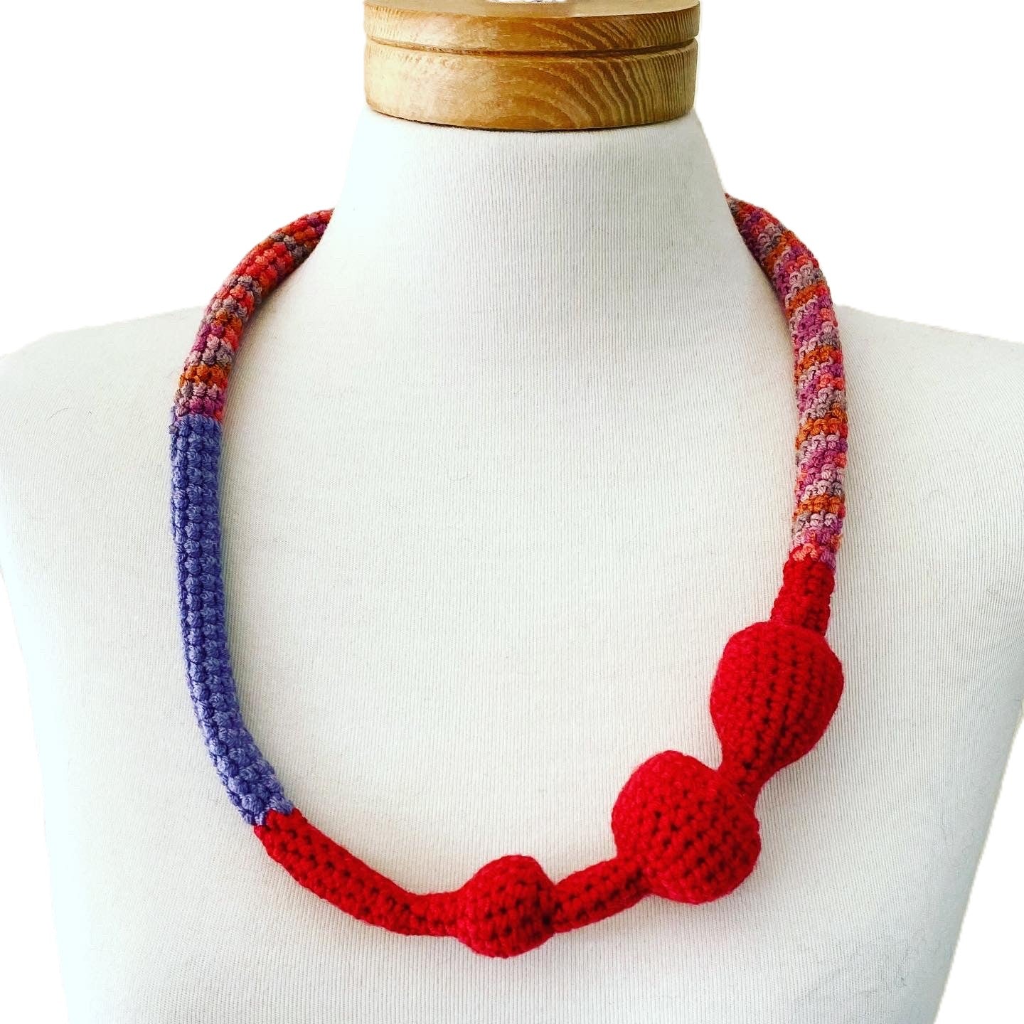 Handmade Crochet Statement Necklace | Asymmetric Red Purple Pink Orange | Continuous Loop | Fiber Art Jewelry | Unique Gift