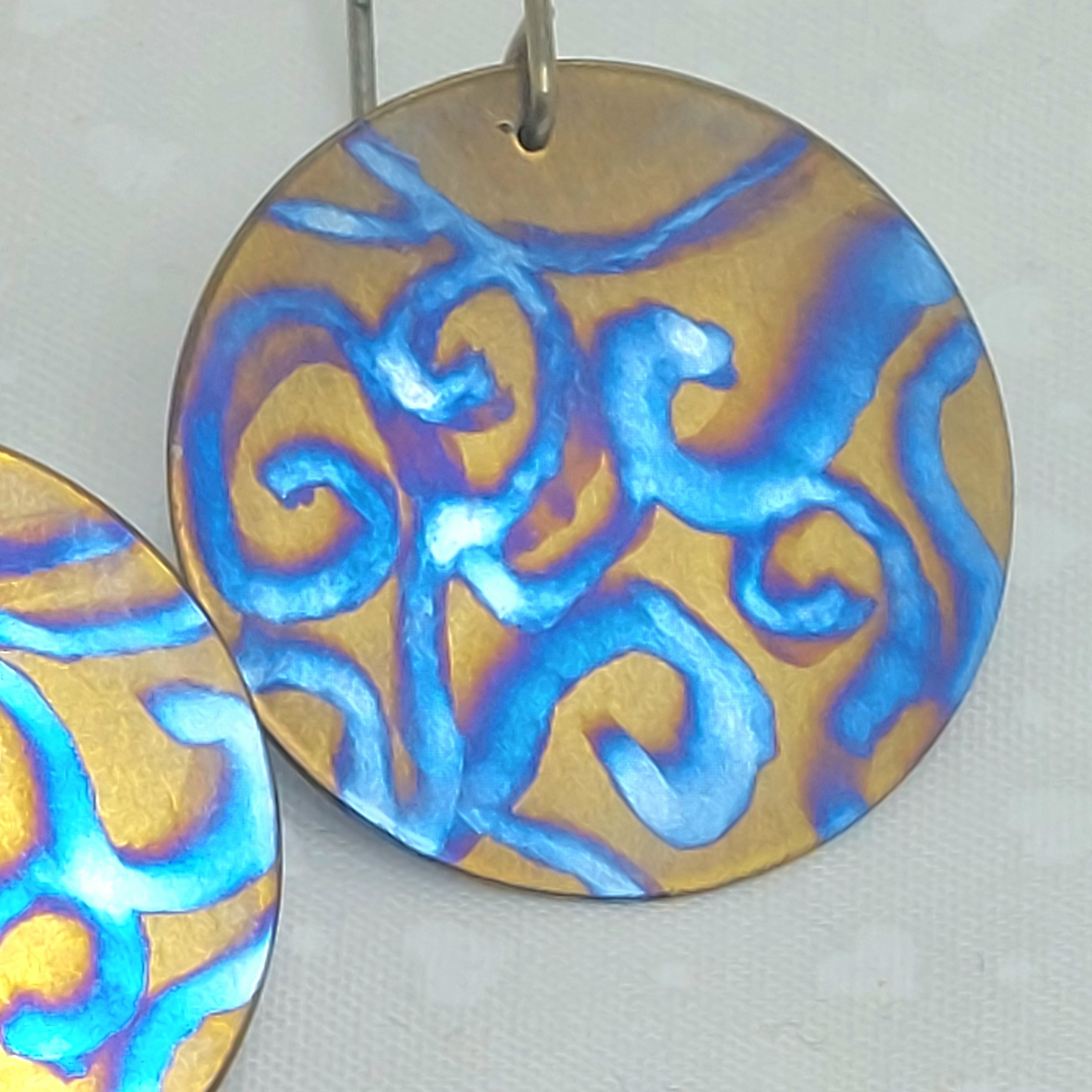 Titanium Disc Earrings- Watercolour Swirls Bronze Titanium Hooks