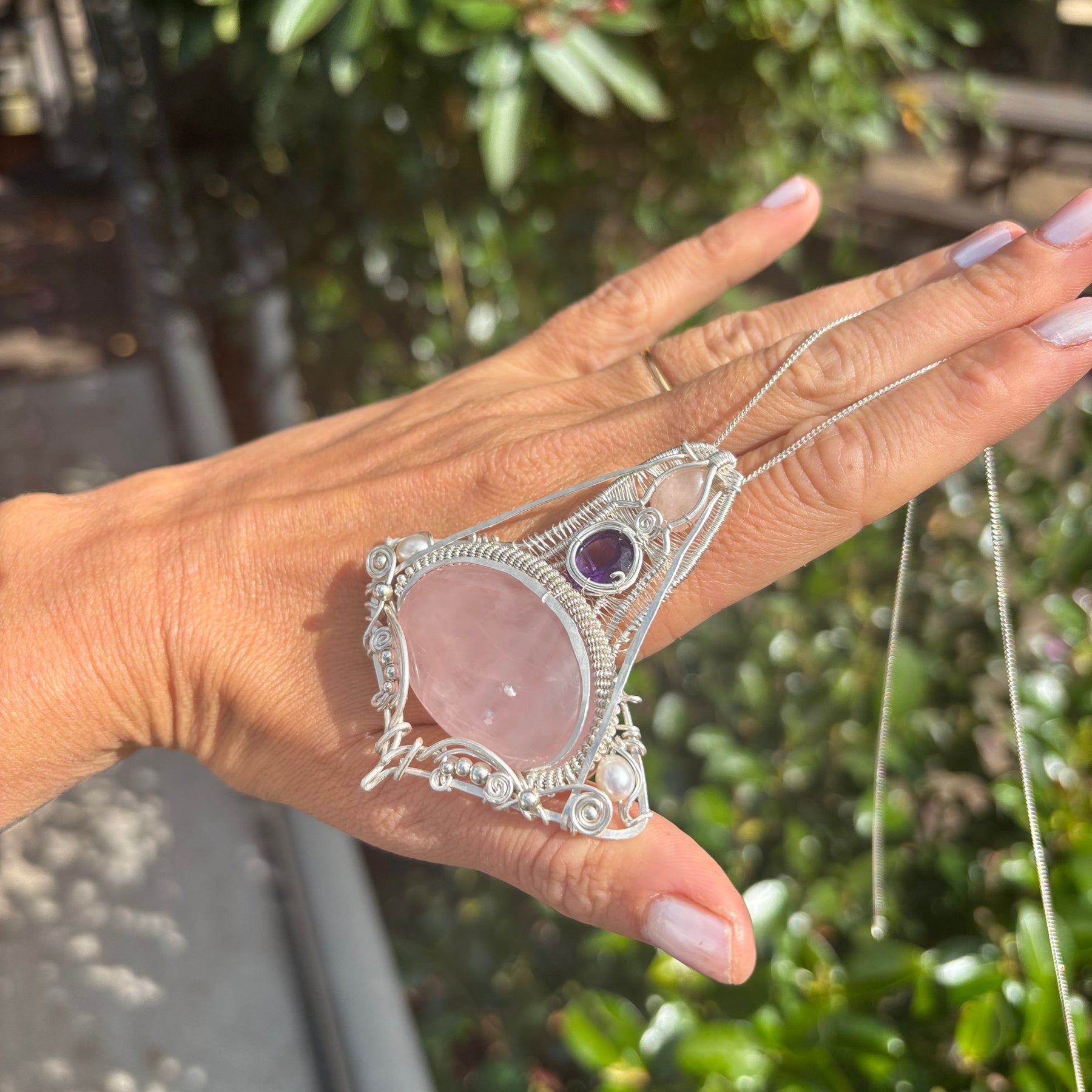 Amethyst/Rose Quartz Crystal silver wire wrap pendant