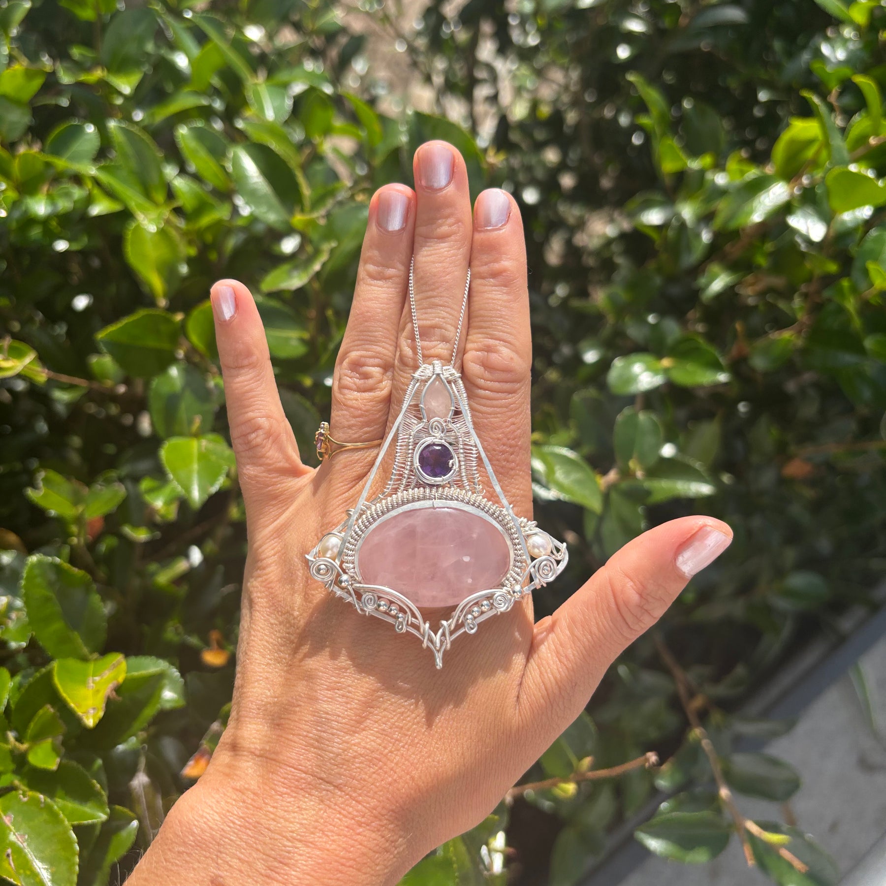 Amethyst/Rose Quartz Crystal silver wire wrap pendant