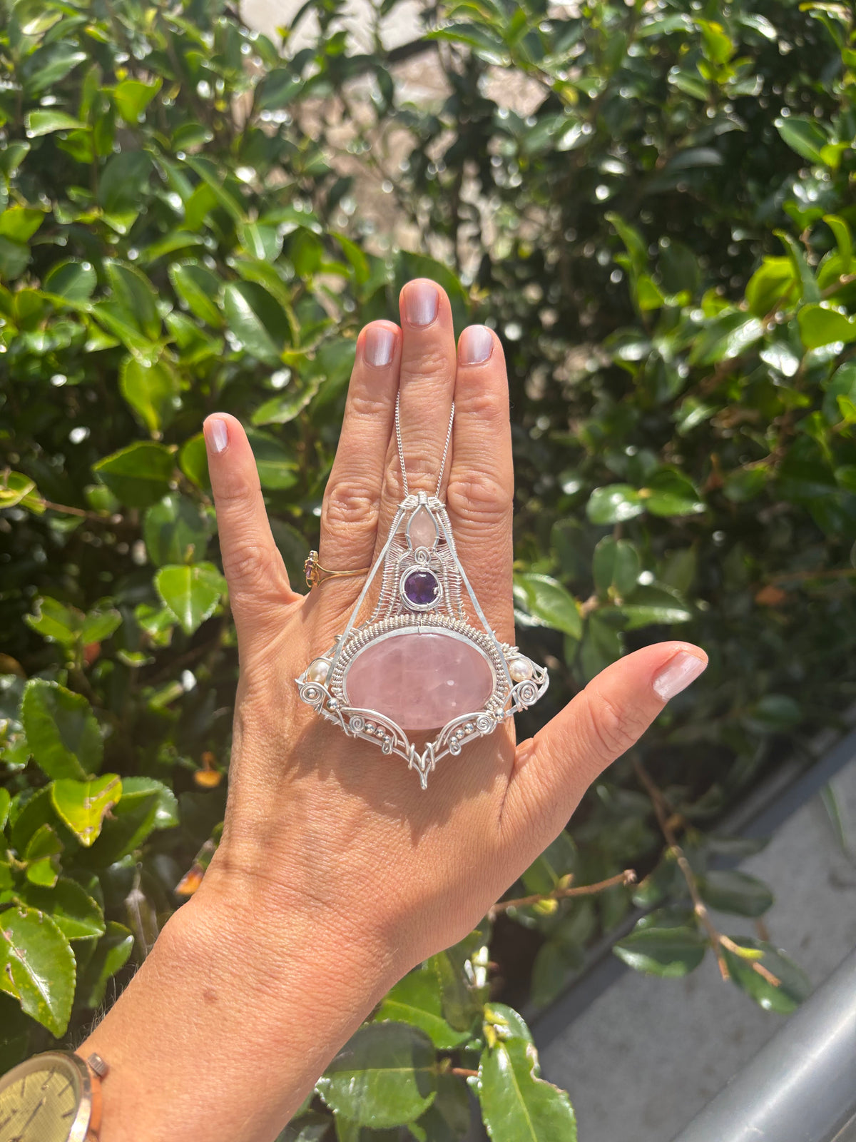 Amethyst/Rose Quartz Crystal silver wire wrap pendant