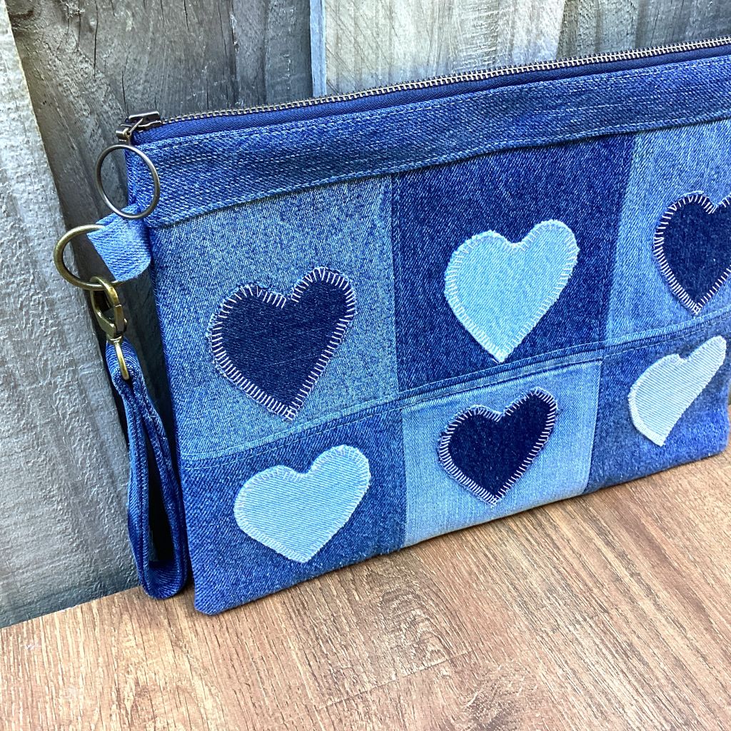 Large Upcycled Denim Pouch – 6 Denim Hearts