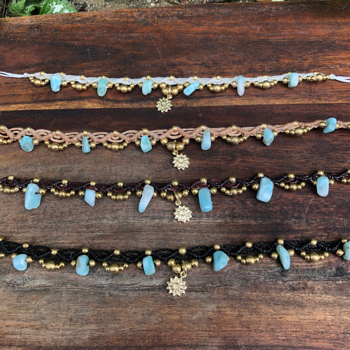 Larimar Gemstone Macrame Anklet: Boho Sunflower Charm, adjustable