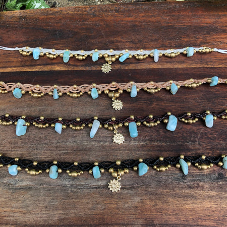 Larimar Gemstone Macrame Anklet: Boho Sunflower Charm, adjustable