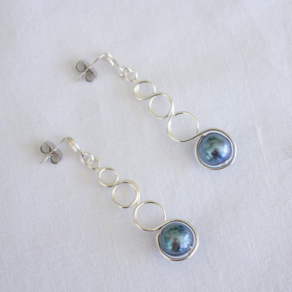 Tahitian Pearl Silver Loop Dangle Earrings | Wedding Jewellery