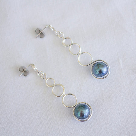 Tahitian Pearl Silver Loop Dangle Earrings | Wedding Jewellery
