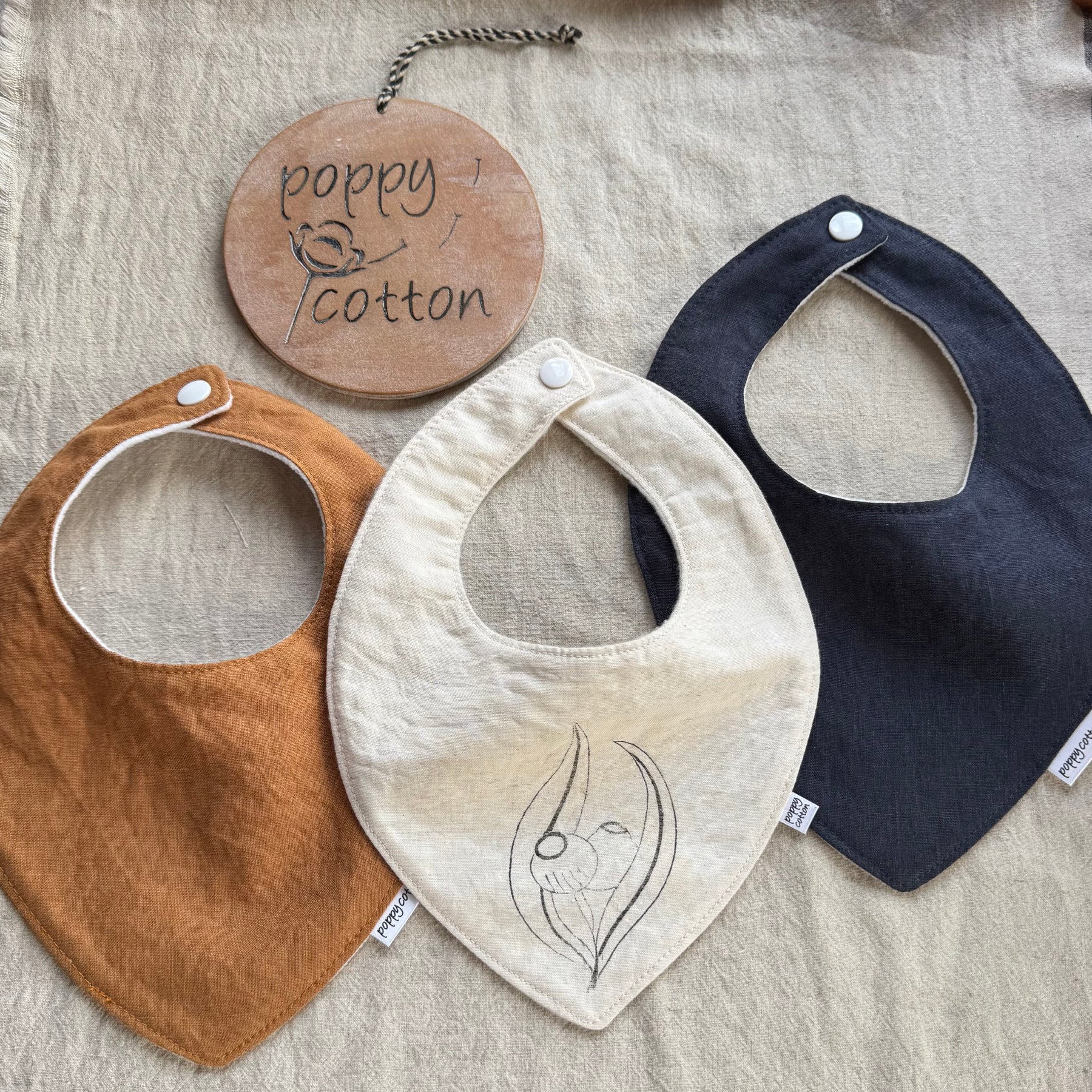 Handmade Linen Dribble Bib Set – Rust, Natural & Navy