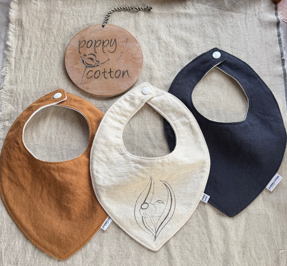 Handmade Linen Dribble Bib Set – Rust, Natural & Navy