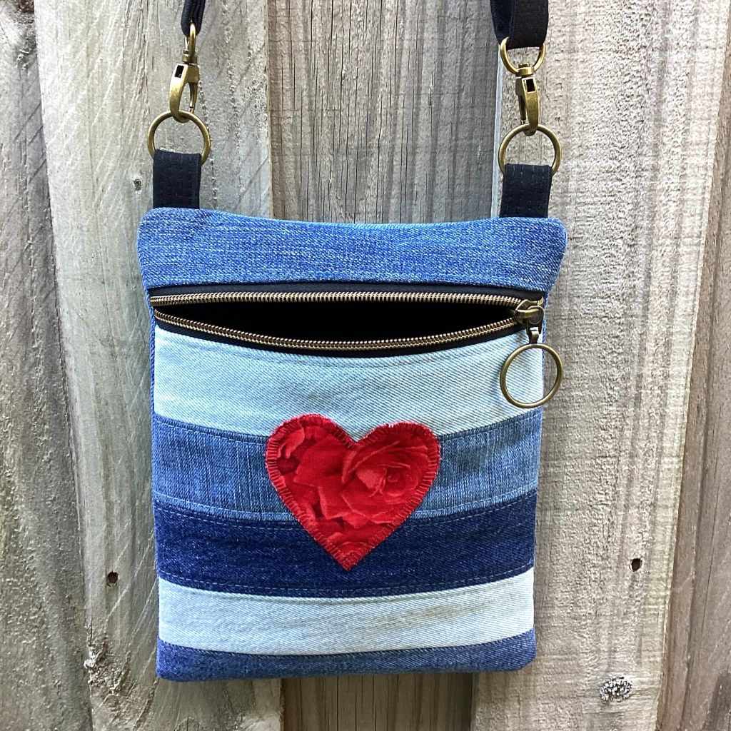 Upcycled Denim Crossbody Bag - Red Rose Heart