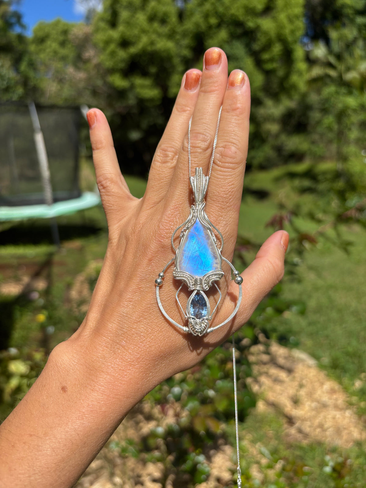 Moonstone, mystic Quartz fantasy geometry pendant