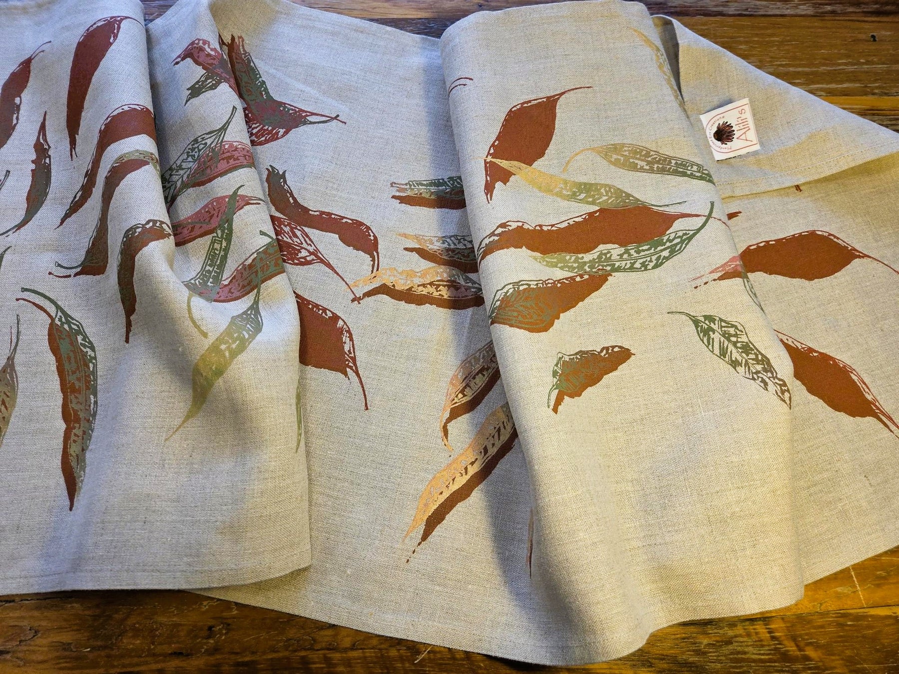 Hand Screen Printed Linen Table Runners-Eucalypt Fallen Leaves