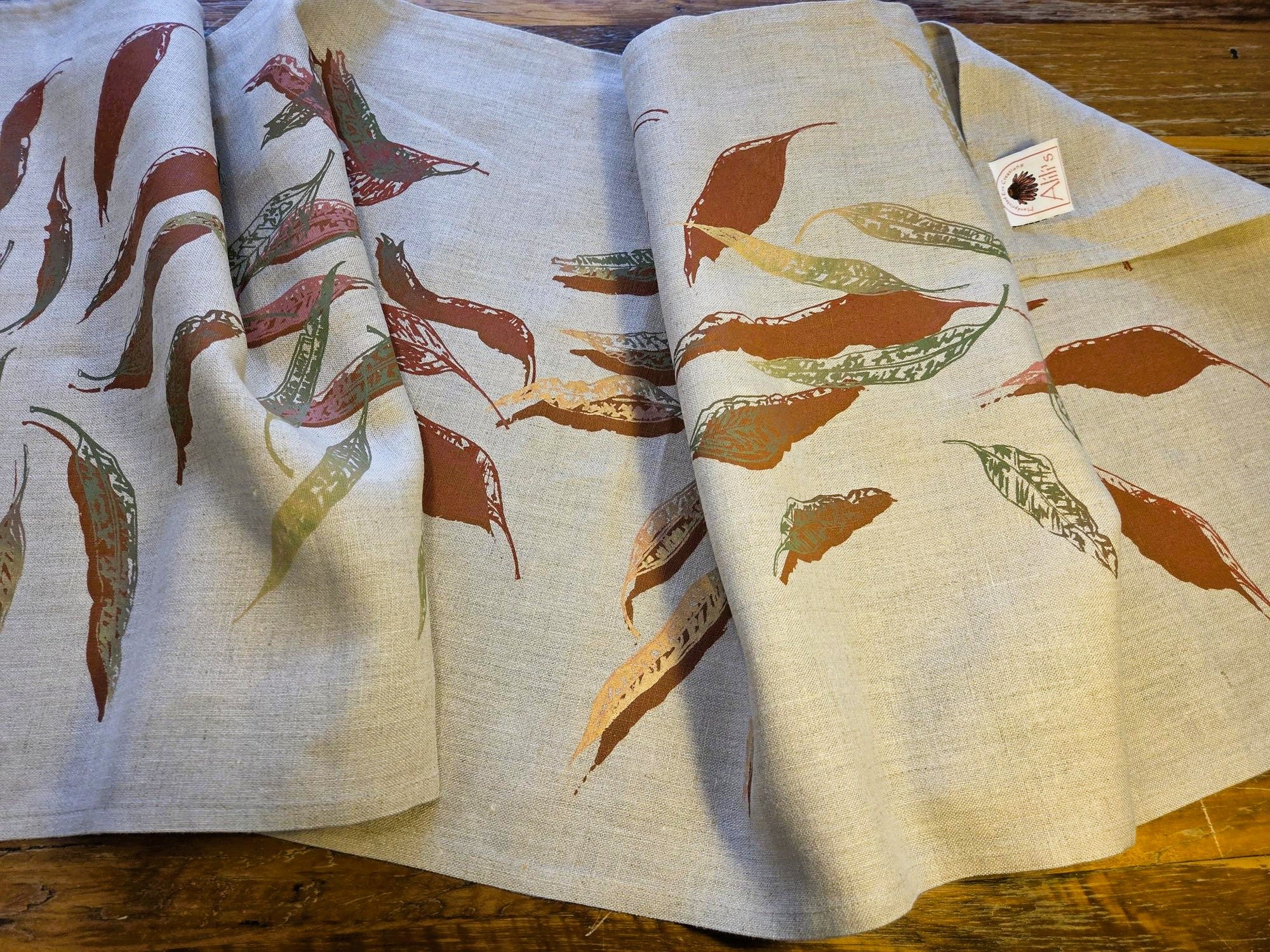 Hand Screen Printed Linen Table Runners-Eucalypt Fallen Leaves