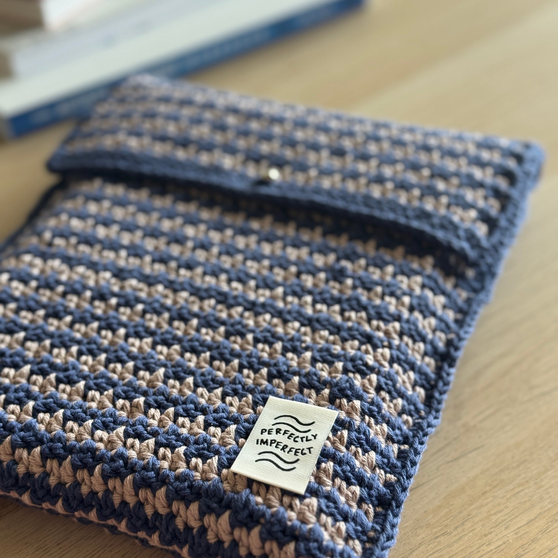 Book Sleeve | Handmade Crochet Book Accessary | Houndstooth Navy x Brown Ver. Cotton Yarn