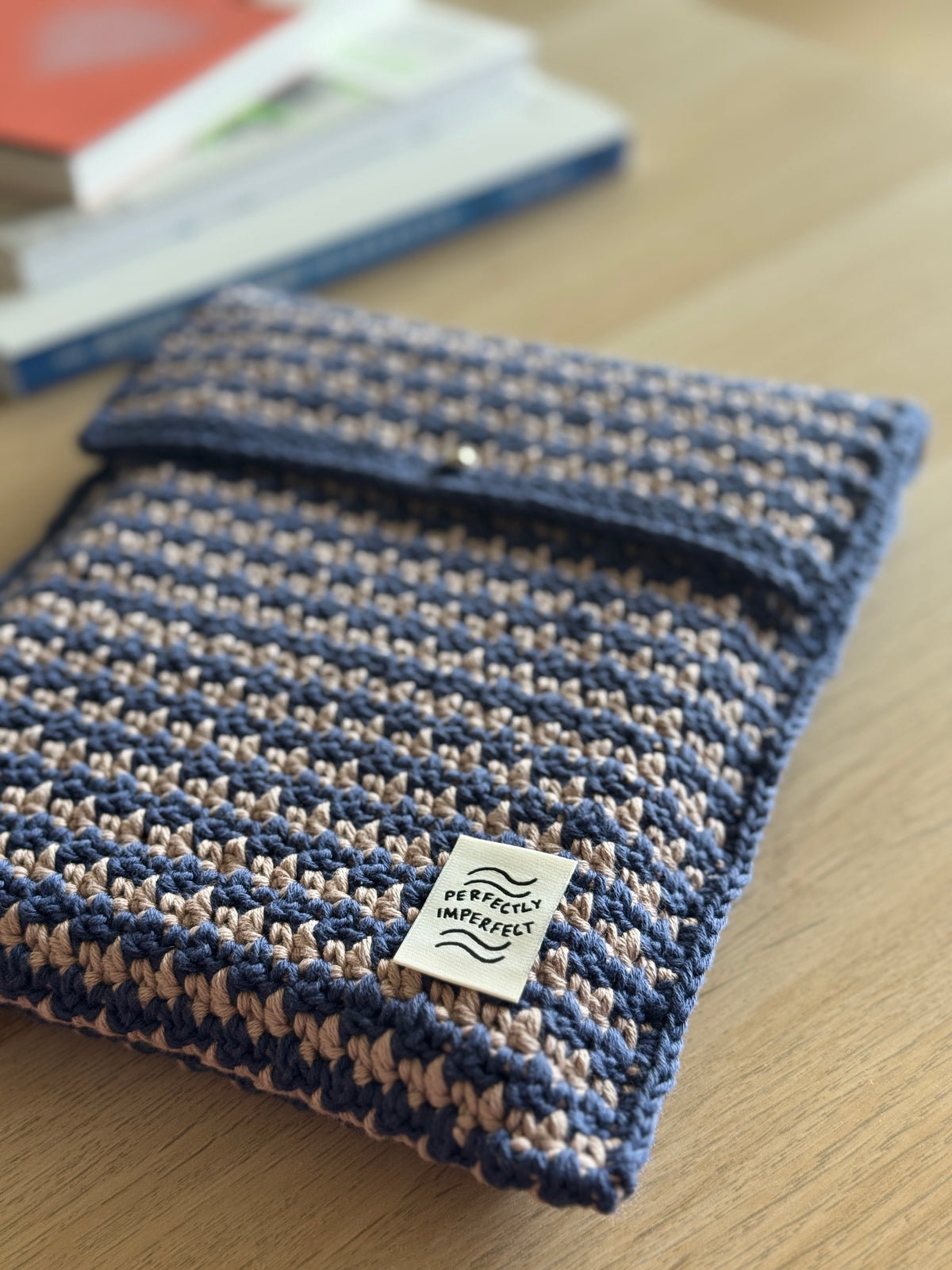 Book Sleeve | Handmade Crochet Book Accessary | Houndstooth Navy x Brown Ver. Cotton Yarn